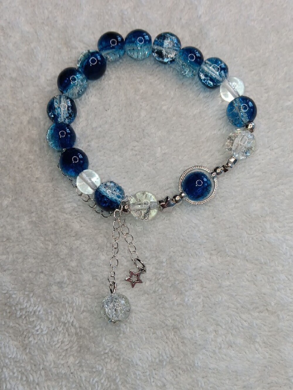 Blue Glass Bead Charm Stretch Bracelet with Star Charm
